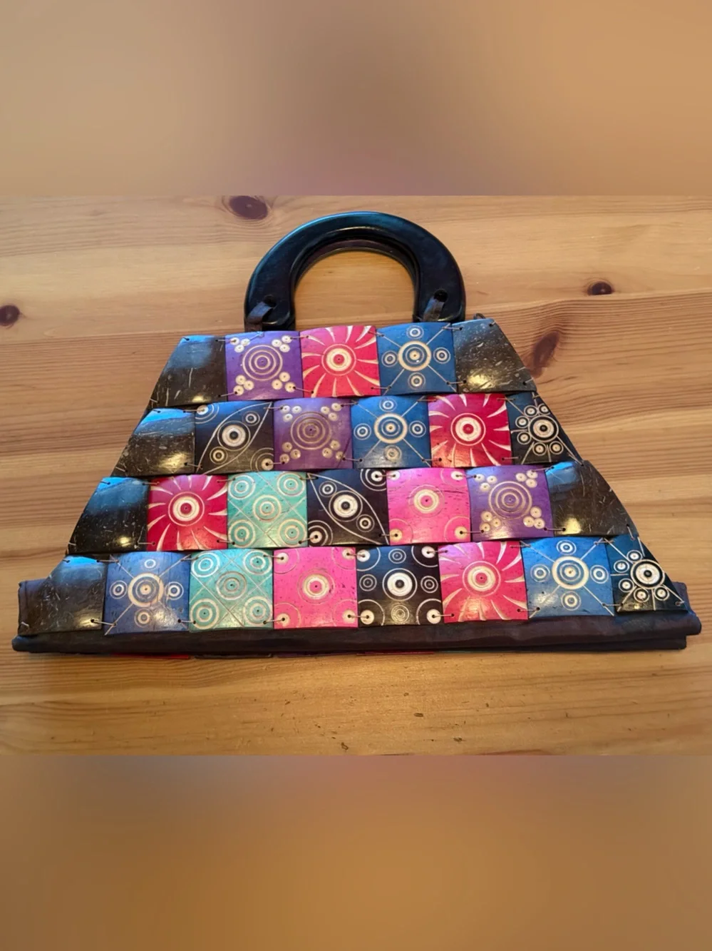 Artisan Coconut Shell Mosaic Handcrafted Tote Bag with Black Handles